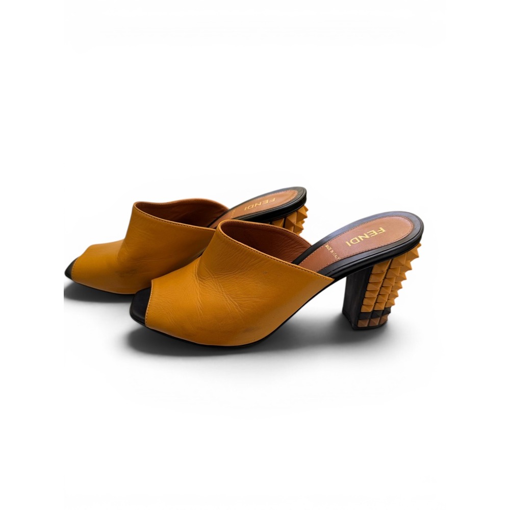 Fendi Mustard Yellow Leather Studded Heel Peep Toe Mules Slides 36.5 Italy